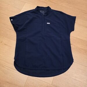 FIGS Womens Montex Scrub Top Navy Blue Sz S Zip Neck Modest Medical Dental Vet